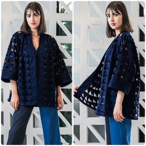 Anissa Aida Swallow Wings Laser Cut Kimono Coverup Top Navy One Size